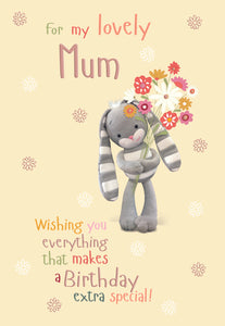Mum birthday card- cute rabbit with flowers- Hun Bun