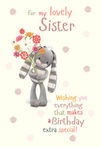 Sister birthday card - cute rabbit holding flowers- Hun Bun