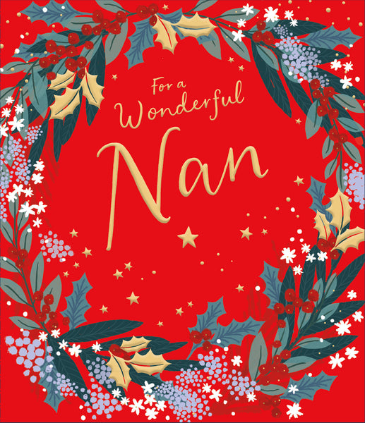Nan Christmas card- bold holly wreath