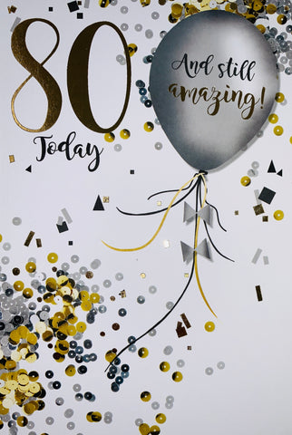 80th birthday card - confetti and balloons