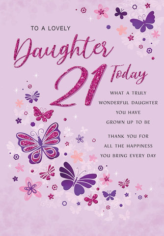 Daughter 21st birthday card pink glitter- Nova