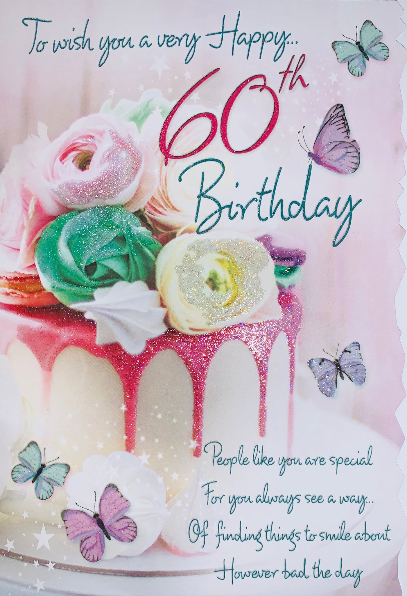 60th birthday card - cake and butterflies- long verse