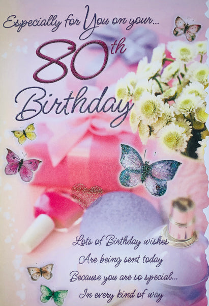 80th birthday card - flowers and long verse