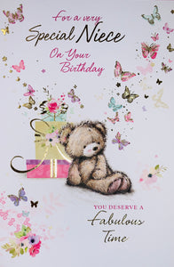 Niece birthday card bear with present