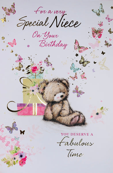 Niece birthday card bear with present