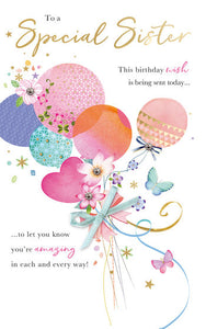 Sister birthday card jewels and balloons