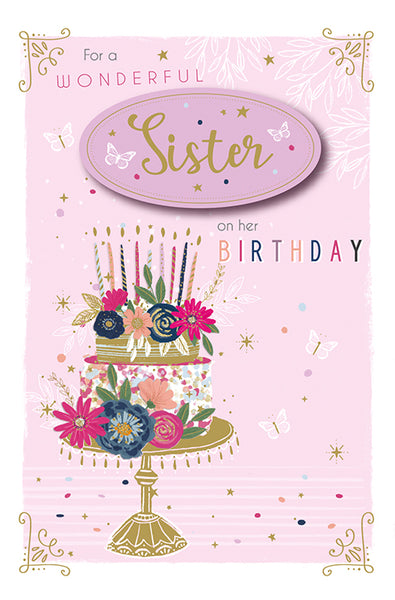 Sister birthday card - beautiful cake and flowers
