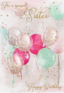 Sister birthday card- beautiful balloons and confetti