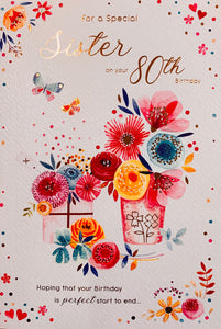 Sister 80th birthday card- flowers and gifts