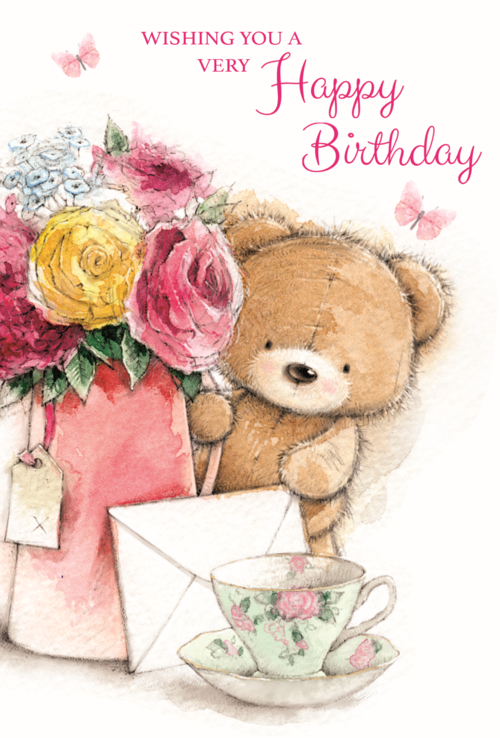 Cute birthday card for her cute bear with flowers