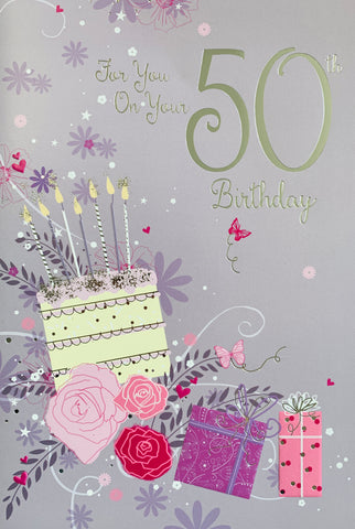50th birthday card - cake and flowers
