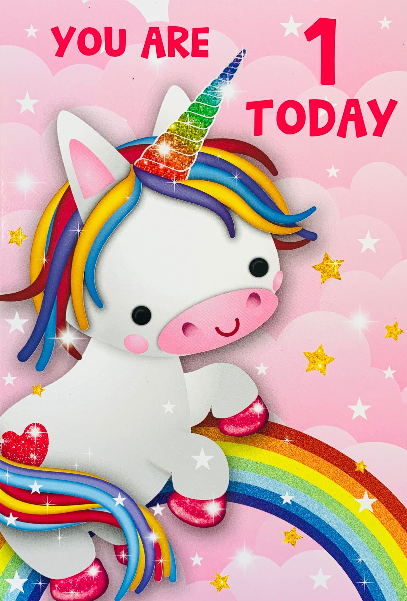 First birthday card cute unicorn and rainbow