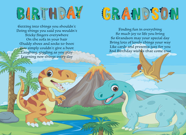 Grandson birthday card - dinosaurs- sentimental verse