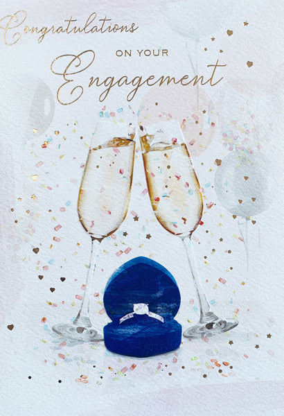 Engagement congratulations card- engage ring and champagne