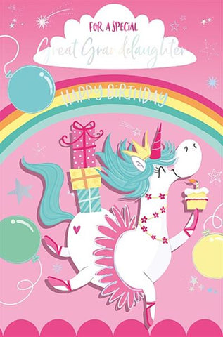 Great-Granddaughter birthday card - unicorn and rainbow