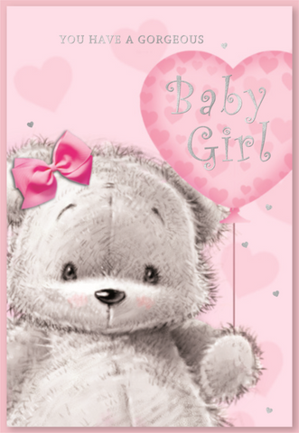 Birth of a baby girl card - cute bear with balloon