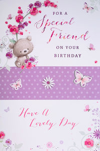 Friend birthday card - cute bear with flowers