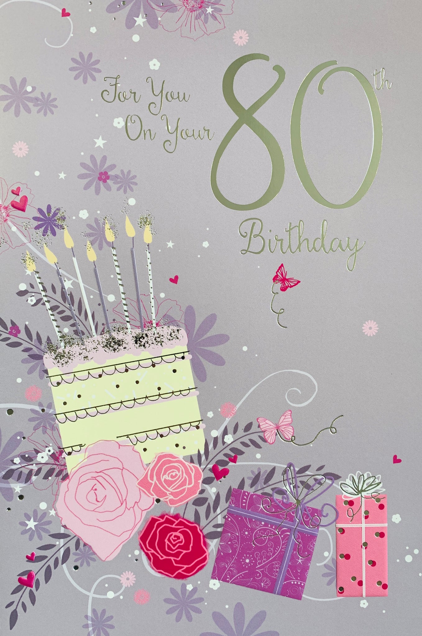 80th birthday card - cake and flowers