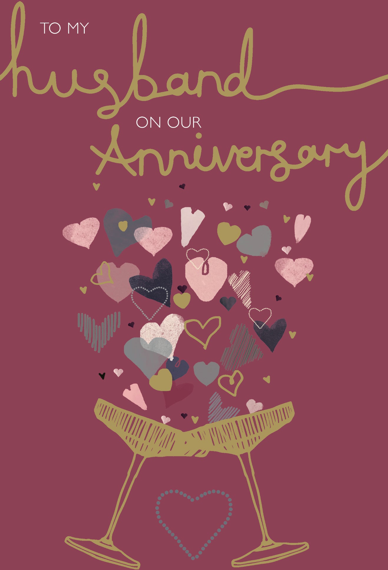 Husband anniversary card - hearts and champagne glasses