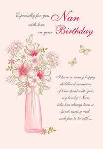 Nan birthday card - flowers and butterflies