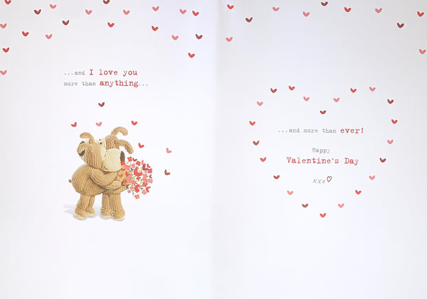 Wife Valentine’s Day card- Boofle with heart bouquet