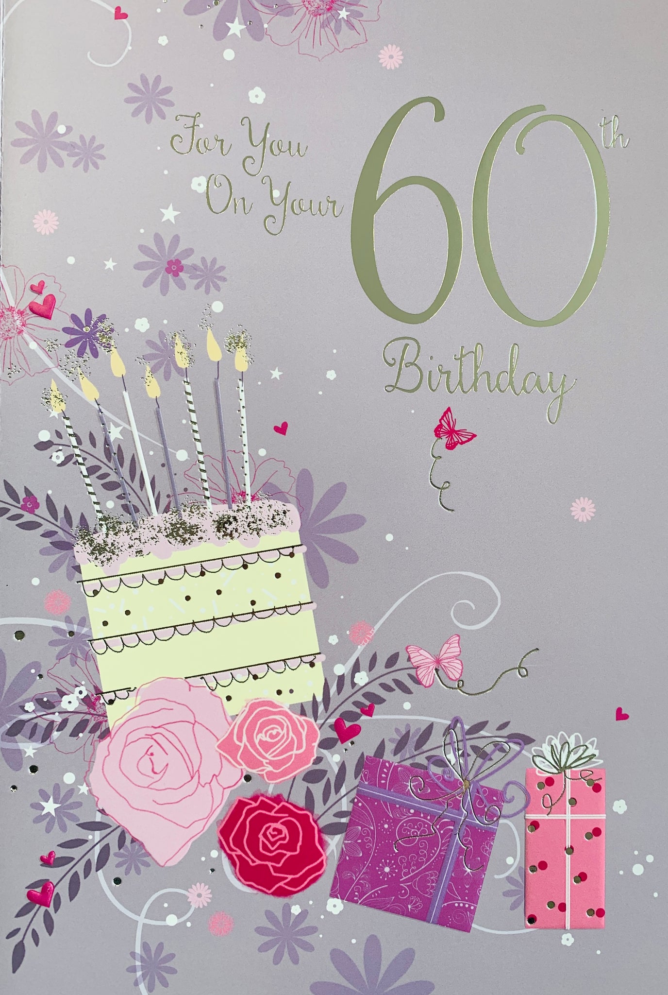 60th birthday card - cake and flowers
