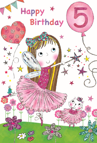 Age 5 birthday card- cute fairy and balloons