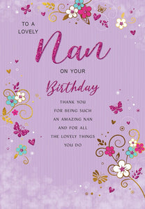 Nan birthday card - sparkling flowers and butterflies