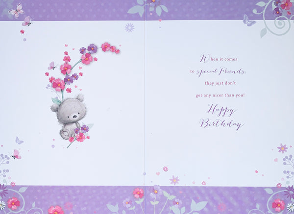 Friend birthday card - cute bear with flowers