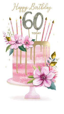 Luxury 60th birthday card - cake and flowers