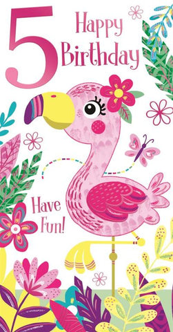 Age 5 birthday card- cute flamingo
