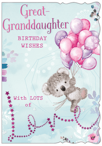 Great Granddaughter birthday card- cute bear with balloons