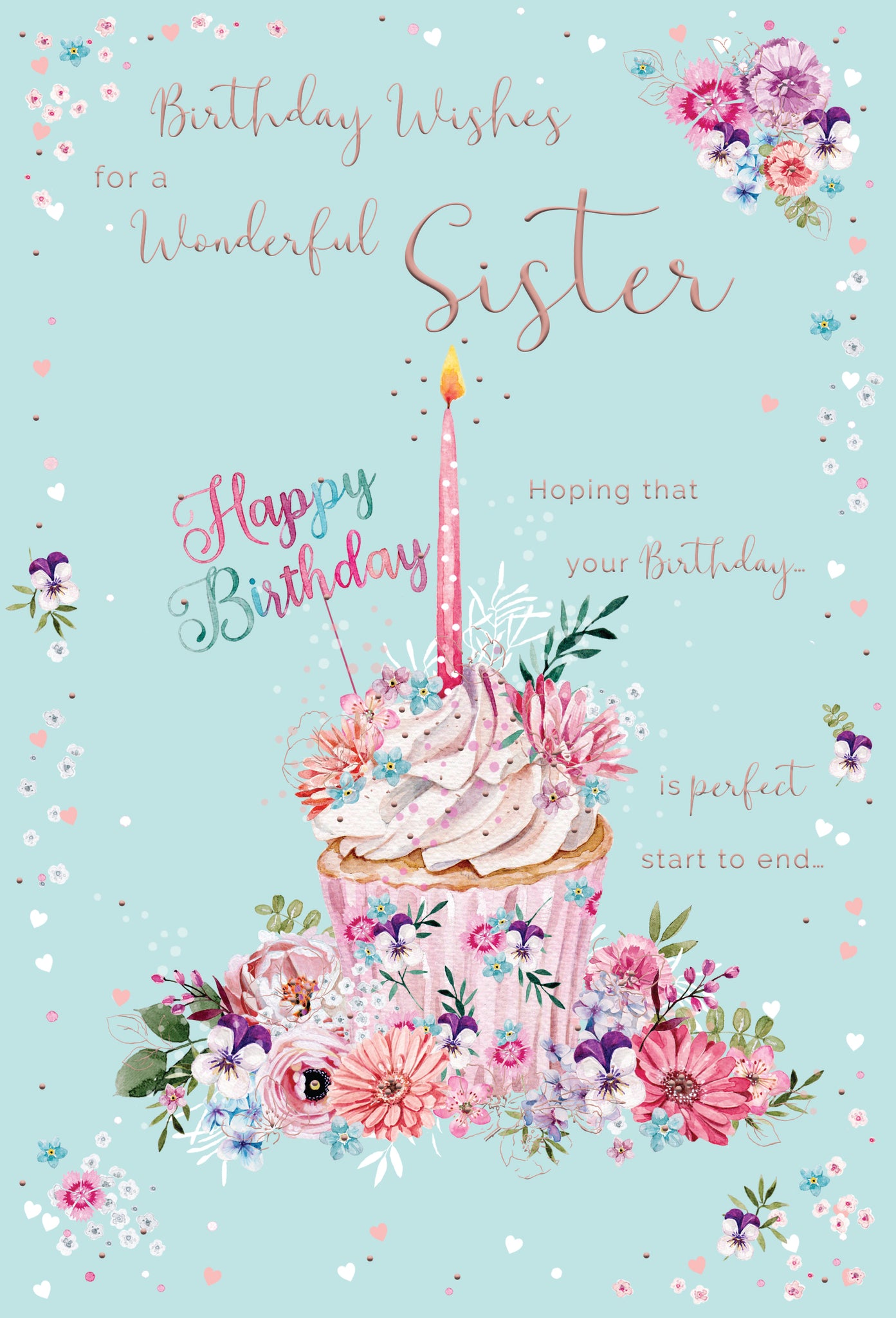 Sister birthday card- cupcake and flowers