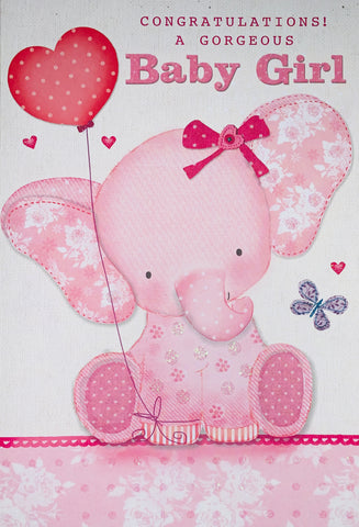 Baby girl birth congratulations card- cute pink elephant with balloon