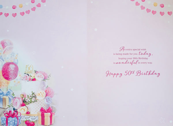 50th birthday card- pink floral cake and balloons