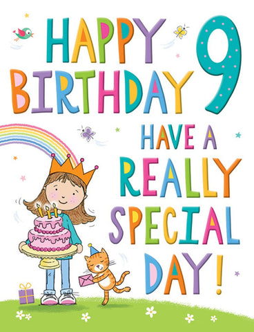 Age 9 birthday card - rainbow and cake