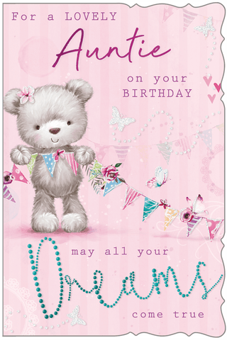 Auntie birthday card - cute bear with bunting
