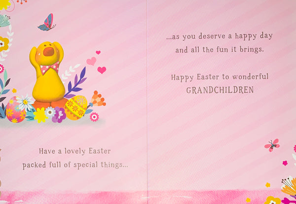 To Grandchildren Easter card cute chick and eggs
