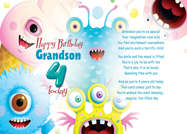 Grandson 4th birthday card- cute monsters
