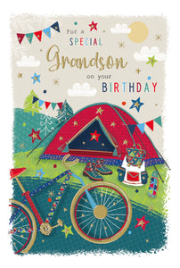 Grandson birthday card- mountain bike and camping