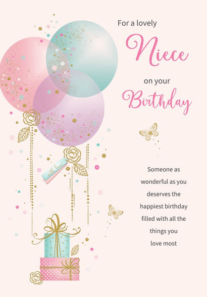 Niece birthday card - balloons and gifts