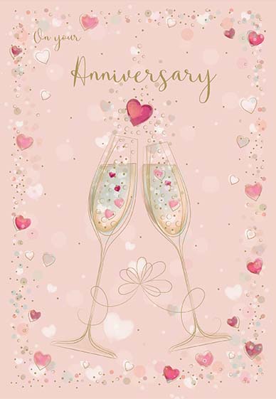 Wedding anniversary card - champagne glasses and hearts