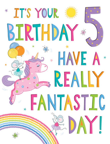 Age 5 birthday card - cute unicorn