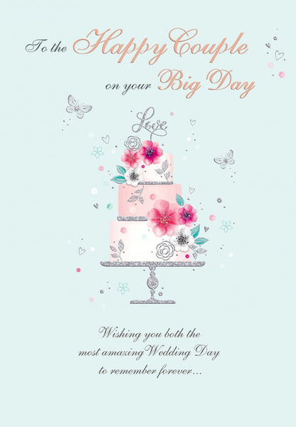 Wedding day card- glittery wedding cake with flowers