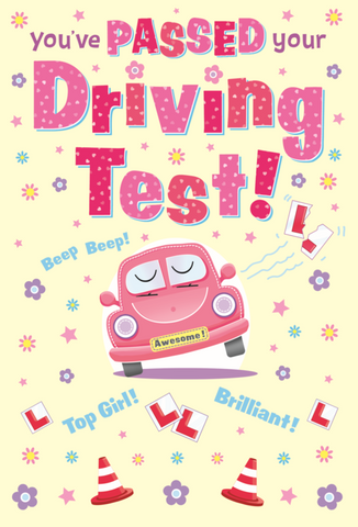 Driving test congratulations card - pink car